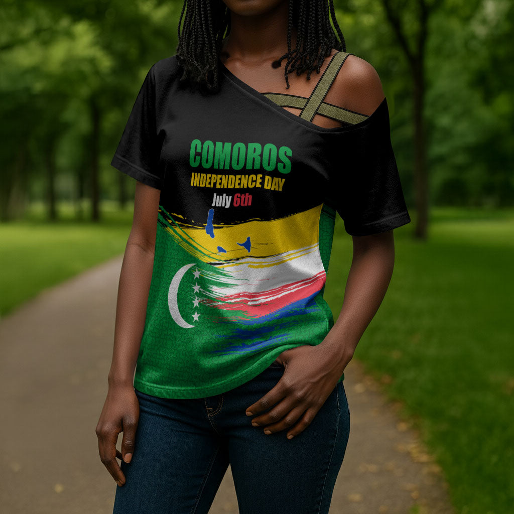 Comoros Independence Day Cross Shoulder Shirt Comorian Flag Brush Stroke National Pride Graphic