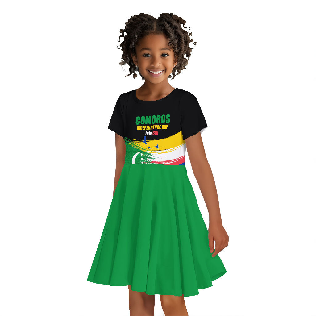 Comoros Independence Day Kid Short Sleeve Dress Comorian Flag Brush Stroke National Pride Graphic