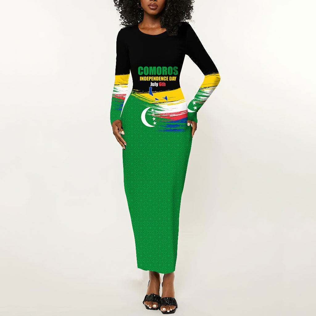 Comoros Independence Day Long Sleeve Bodycon Dress Comorian Flag Brush Stroke National Pride Graphic