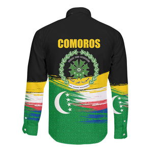 Comoros Independence Day Long Sleeve Button Shirt Comorian Flag Brush Stroke National Pride Graphic