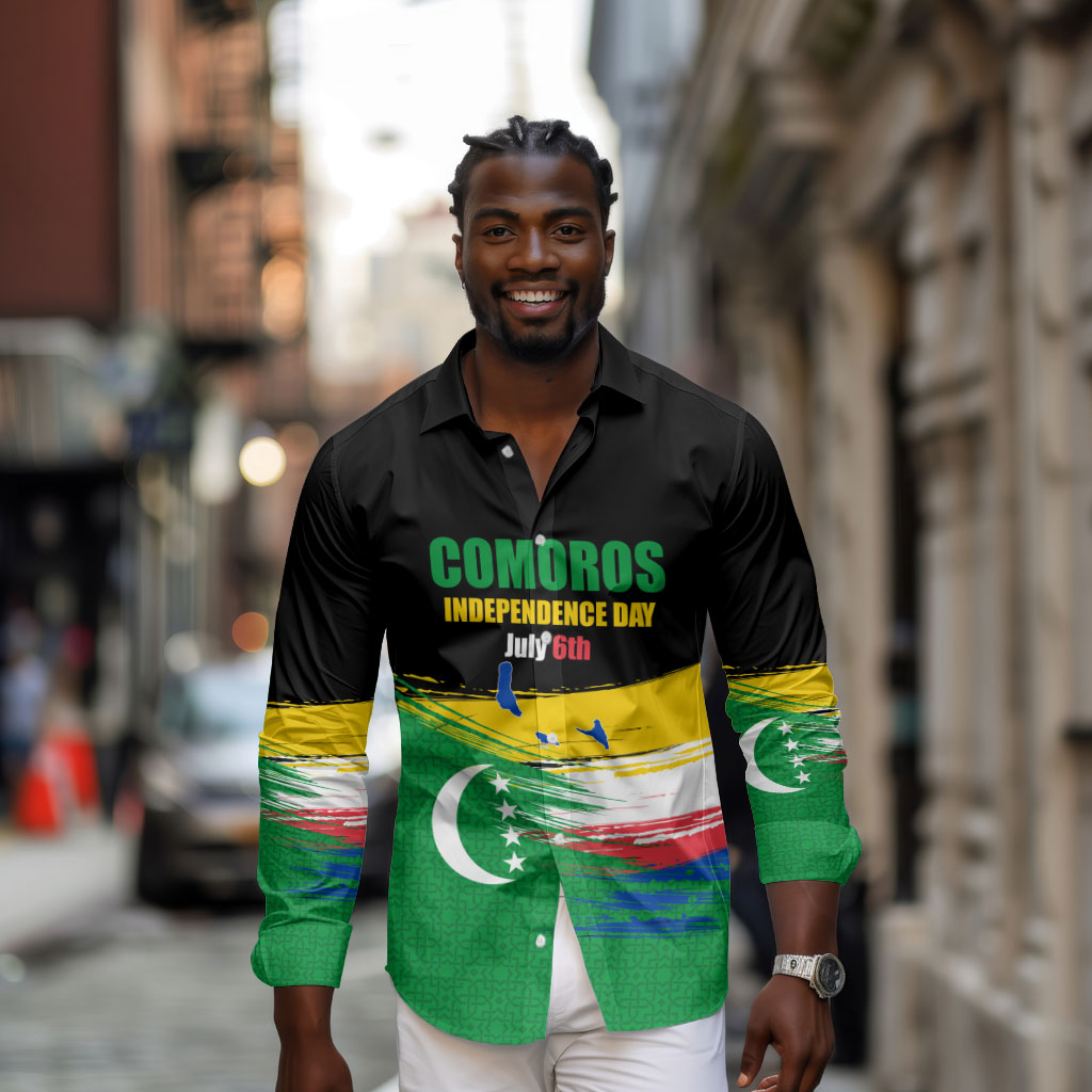 Comoros Independence Day Long Sleeve Button Shirt Comorian Flag Brush Stroke National Pride Graphic
