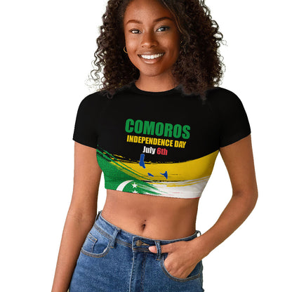 Comoros Independence Day Raglan Cropped T shirt Comorian Flag Brush Stroke National Pride Graphic
