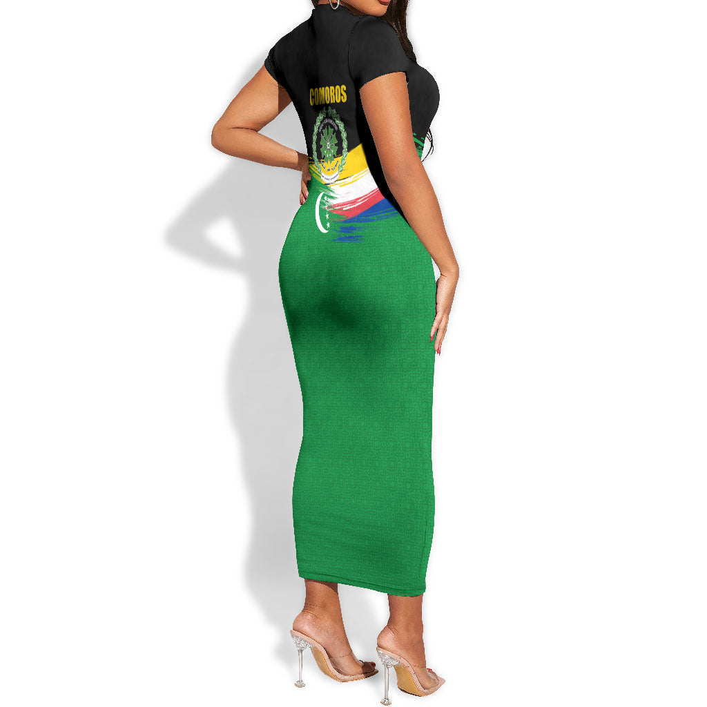 Comoros Independence Day Short Sleeve Bodycon Dress Comorian Flag Brush Stroke National Pride Graphic
