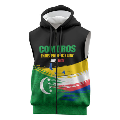 Comoros Independence Day Sleeveless Zip Hoodie Comorian Flag Brush Stroke National Pride Graphic