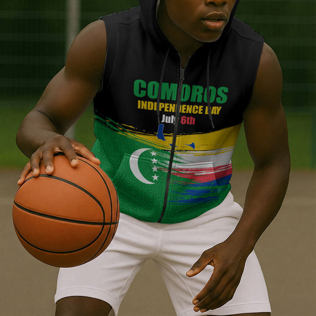 Comoros Independence Day Sleeveless Zip Hoodie Comorian Flag Brush Stroke National Pride Graphic