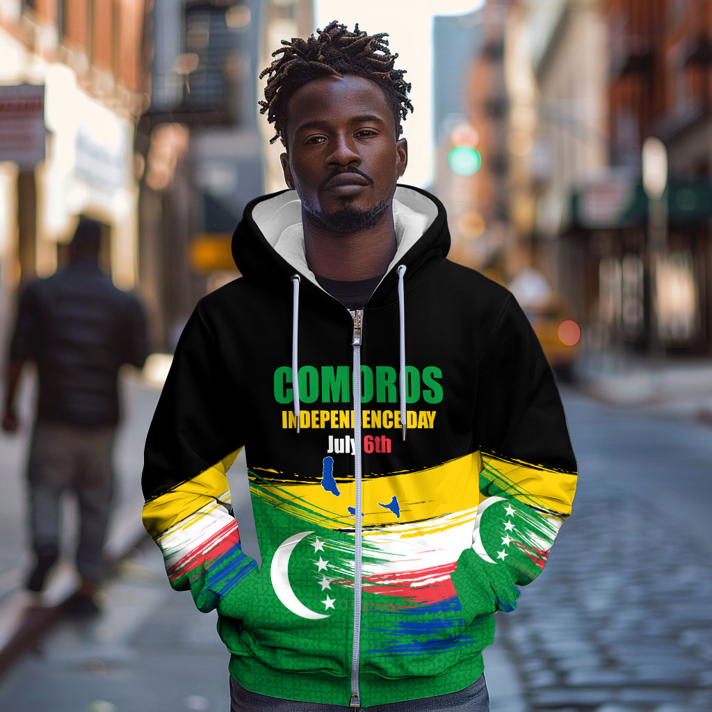 Comoros Independence Day Zip Hoodie Comorian Flag Brush Stroke National Pride Graphic