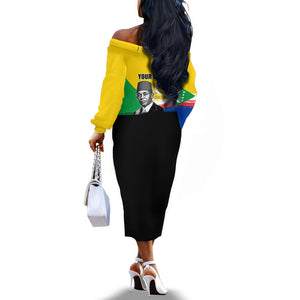 Personalized Comoros Independence Day Off The Shoulder Long Sleeve Dress Ahmed Abdallah Vintage Portrait Sketch