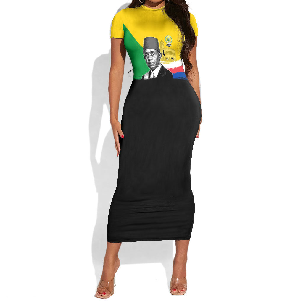 Personalized Comoros Independence Day Short Sleeve Bodycon Dress Ahmed Abdallah Vintage Portrait Sketch