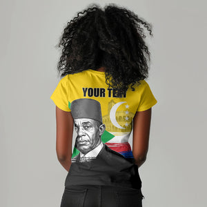 Personalized Comoros Independence Day Women V-Neck T-Shirt Ahmed Abdallah Vintage Portrait Sketch