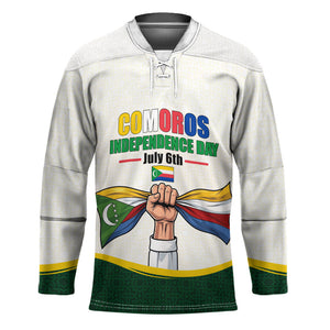 Personalized Comoros Independence Day Hockey Jersey July 6th National Pride Flag Graphic With Heritage Emblem