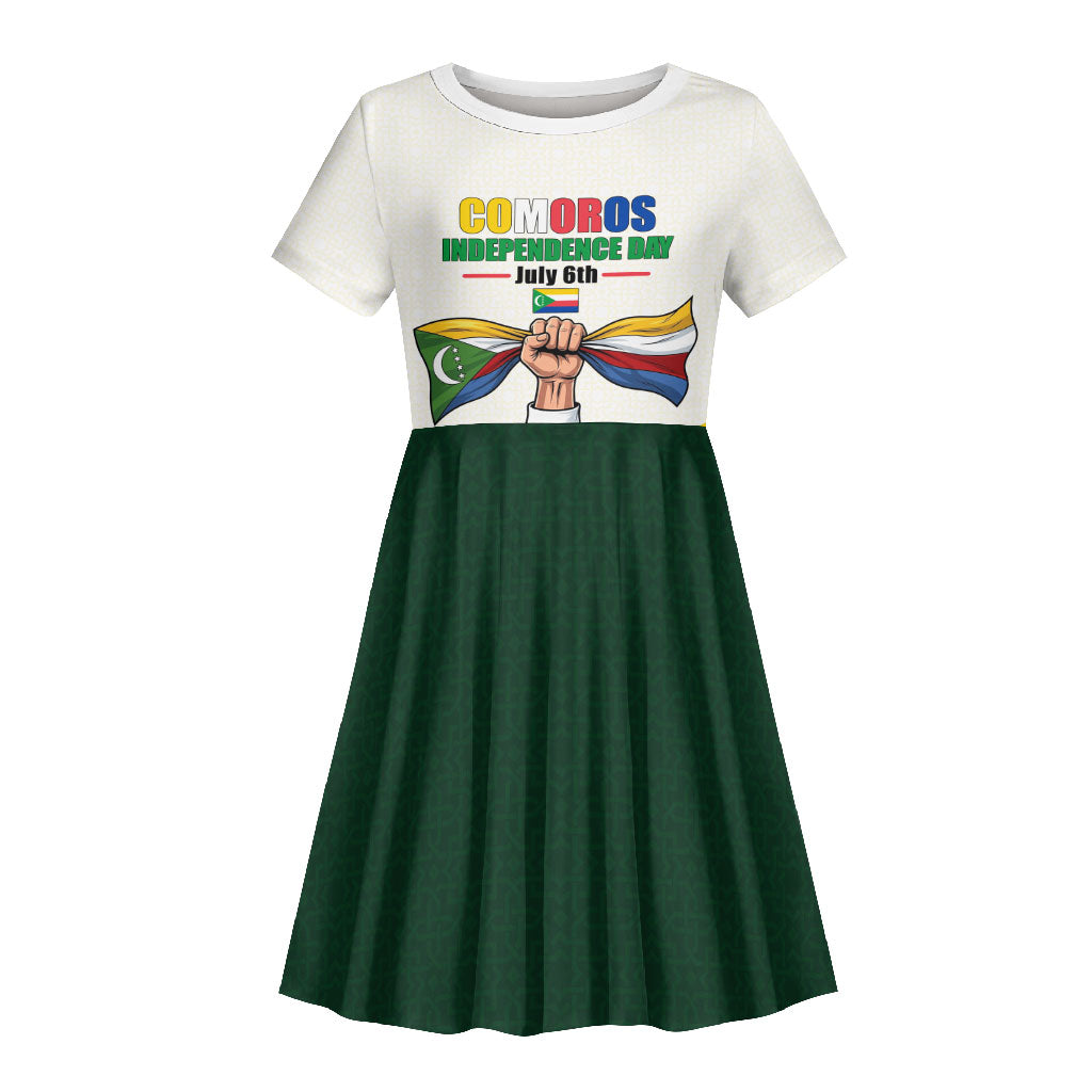 Personalized Comoros Independence Day Kid Short Sleeve Dress July 6th National Pride Flag Graphic With Heritage Emblem