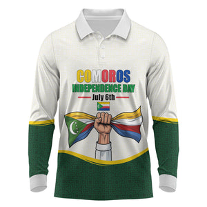 Personalized Comoros Independence Day Long Sleeve Polo Shirt July 6th National Pride Flag Graphic With Heritage Emblem