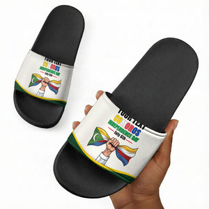 Personalized Comoros Independence Day Slide Sandals July 6th National Pride Flag Graphic With Heritage Emblem