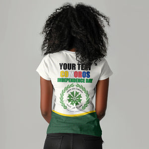 Personalized Comoros Independence Day Women V-Neck T-Shirt July 6th National Pride Flag Graphic With Heritage Emblem