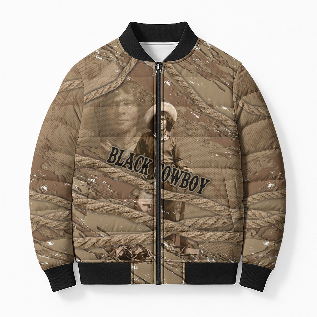 Black Cowboy Nat Love Bomber Puffer Jacket Vintage Western Portrait Lasso