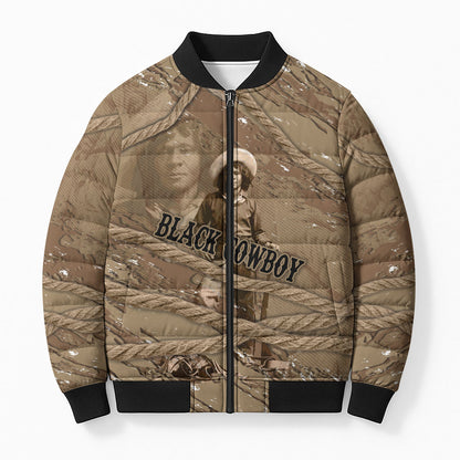 Black Cowboy Nat Love Bomber Puffer Jacket Vintage Western Portrait Lasso