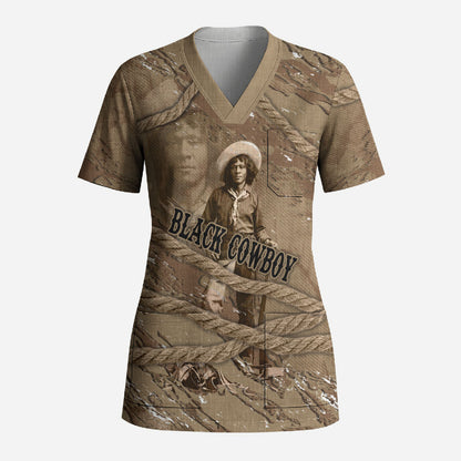 Black Cowboy Nat Love Scrub Top Vintage Western Portrait Lasso