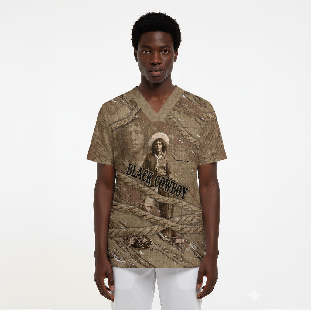 Black Cowboy Nat Love Scrub Top Vintage Western Portrait Lasso