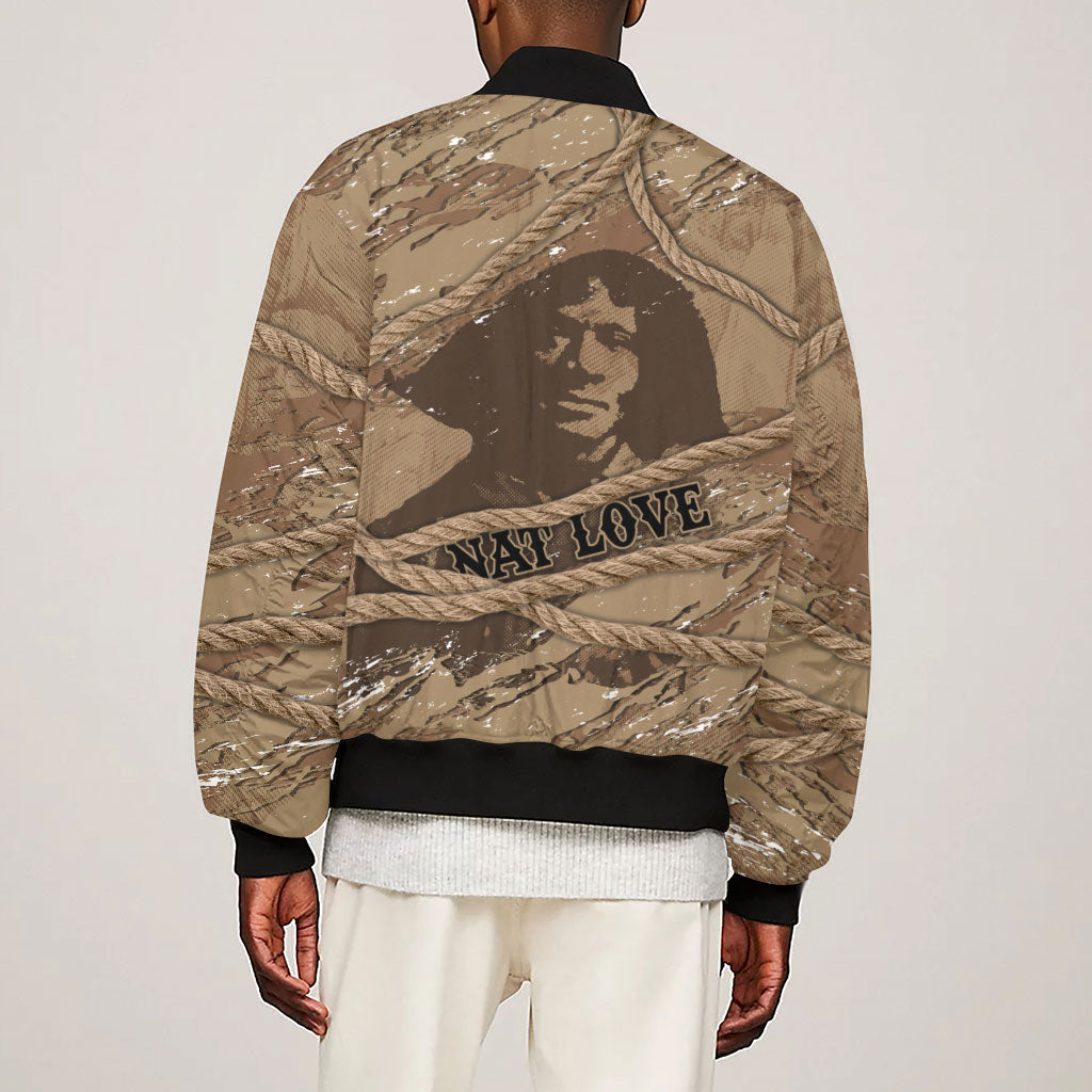 Black Cowboy Nat Love Sleeve Zip Bomber Jacket Vintage Western Portrait Lasso
