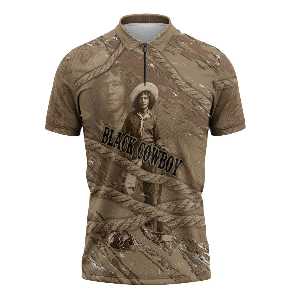 Black Cowboy Nat Love Zipper Polo Shirt Vintage Western Portrait Lasso