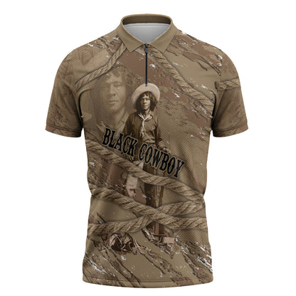 Black Cowboy Nat Love Zipper Polo Shirt Vintage Western Portrait Lasso
