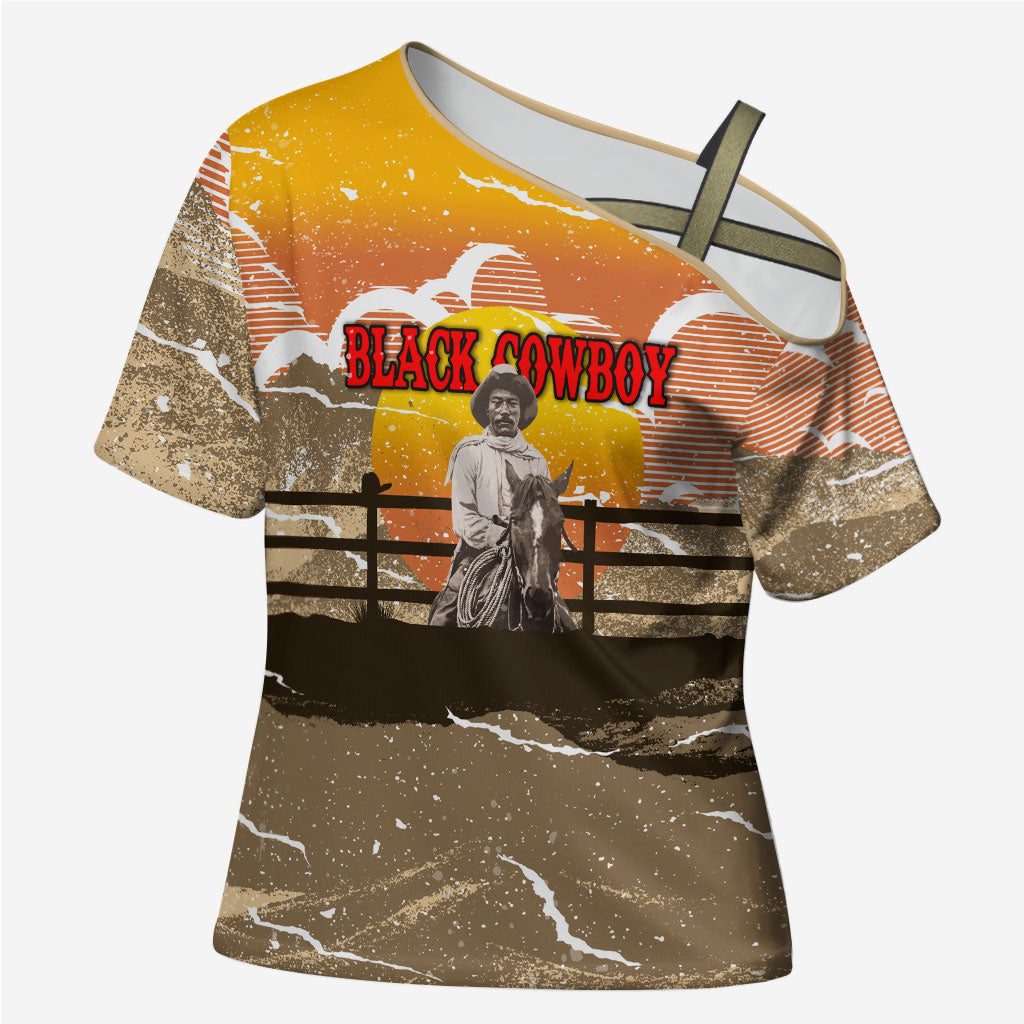 Black Cowboy Bill Pickett Cross Shoulder Shirt Retro Sunset Western Design