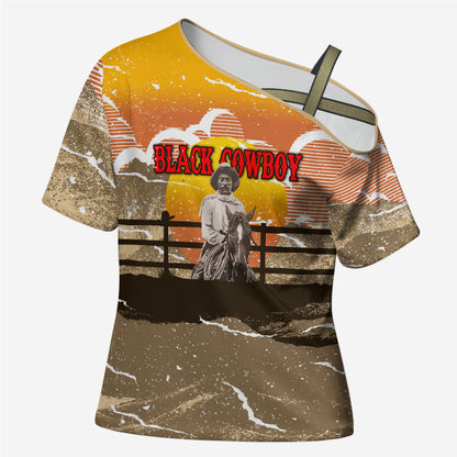 Black Cowboy Bill Pickett Cross Shoulder Shirt Retro Sunset Western Design