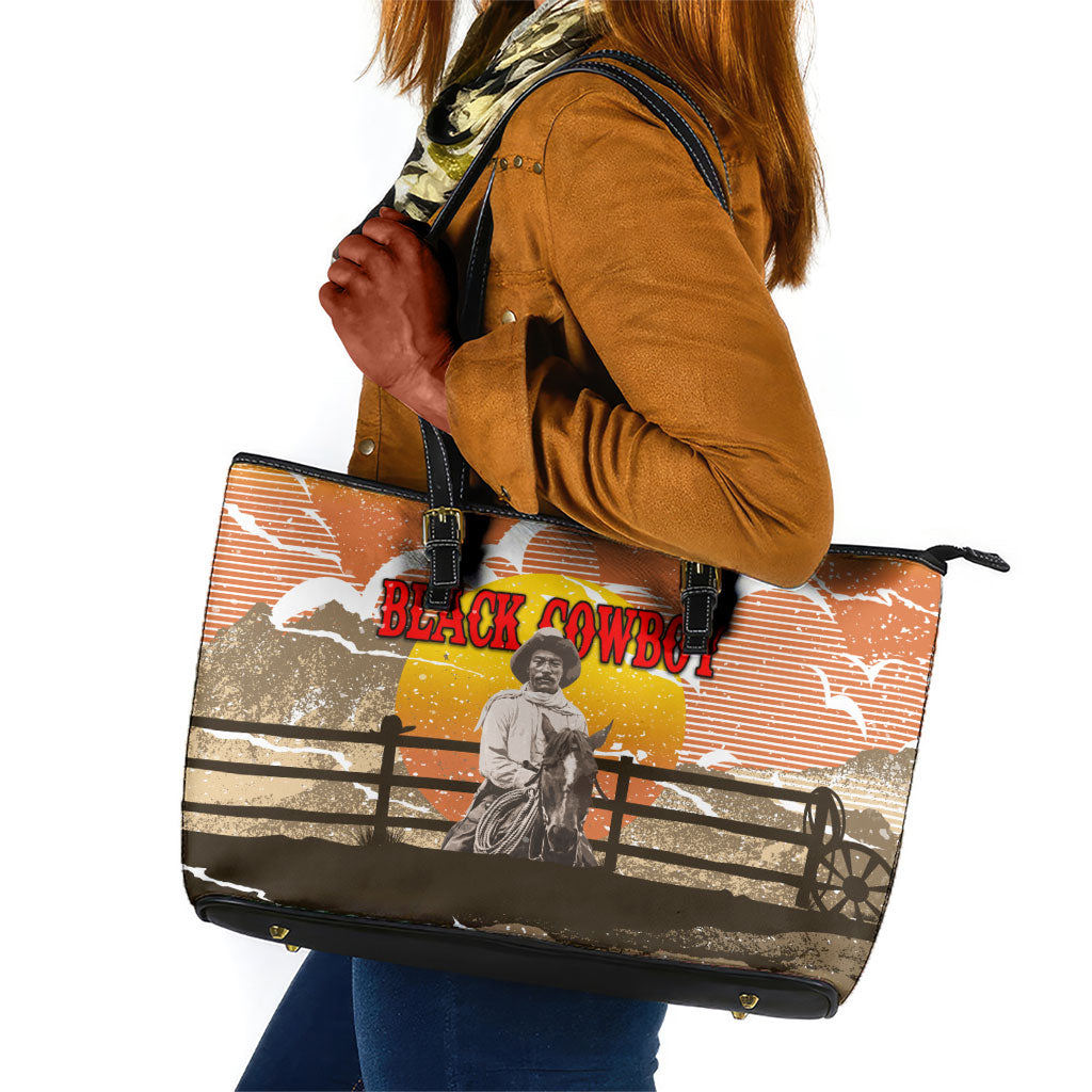 Black Cowboy Bill Pickett Leather Tote Bag Retro Sunset Western Design