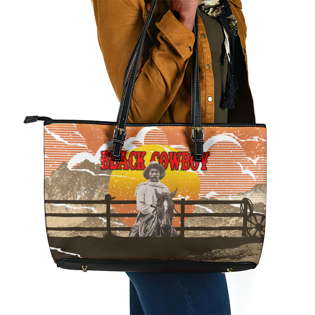 Black Cowboy Bill Pickett Leather Tote Bag Retro Sunset Western Design
