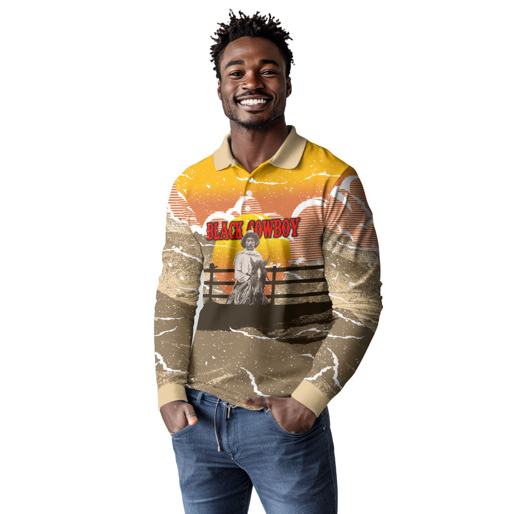 Black Cowboy Bill Pickett Long Sleeve Polo Shirt Retro Sunset Western Design