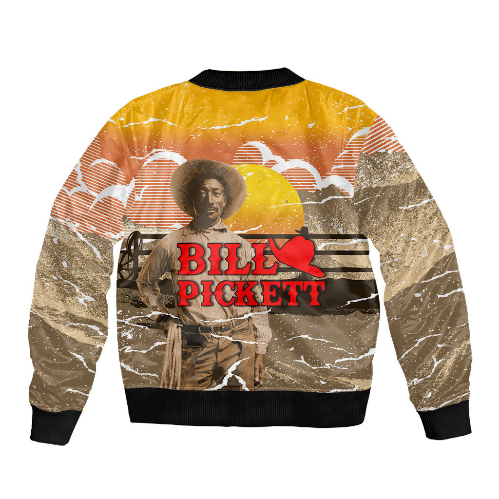 Black Cowboy Bill Pickett Sleeve Zip Bomber Jacket Retro Sunset Western Design