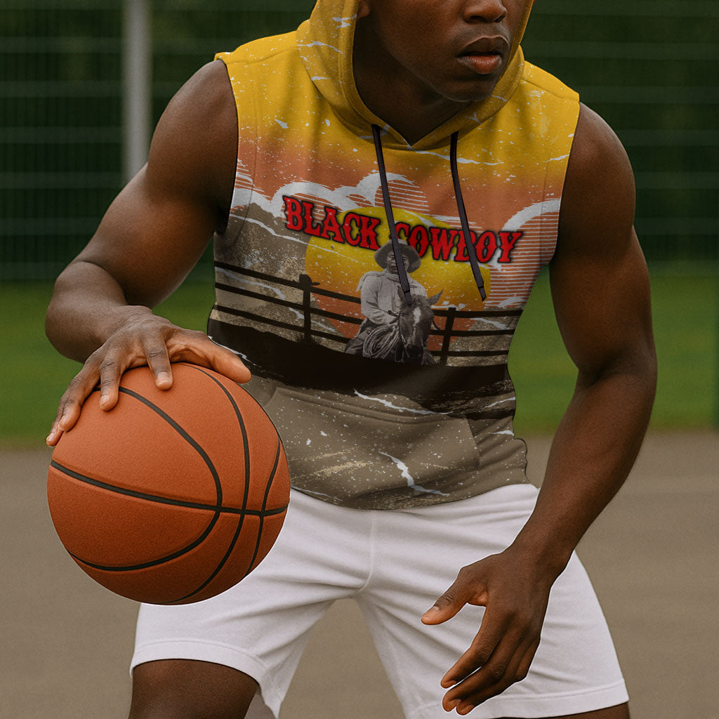 Black Cowboy Bill Pickett Sleeveless Hoodie Retro Sunset Western Design