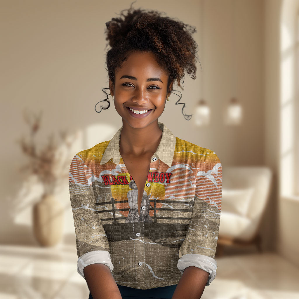 Black Cowboy Bill Pickett Women Casual Shirt Retro Sunset Western Design
