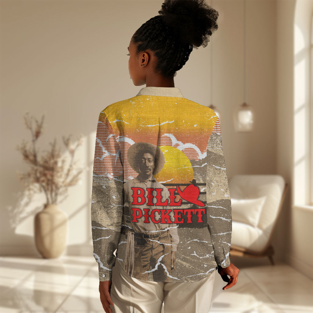 Black Cowboy Bill Pickett Women Casual Shirt Retro Sunset Western Design