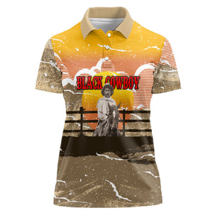 Black Cowboy Bill Pickett Women Polo Shirt Retro Sunset Western Design