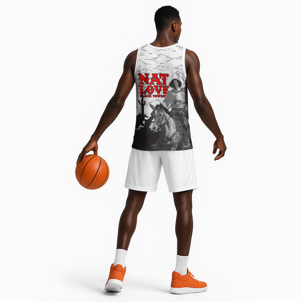 Black Cowboy Nat Love Basketball Jersey Comic Style Desert Line Art Red Typography