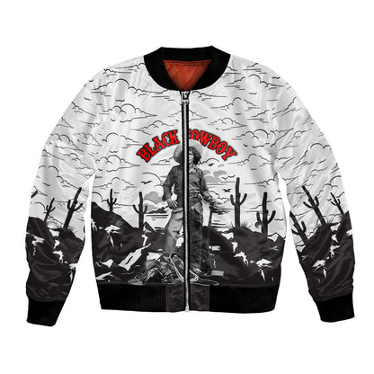 Black Cowboy Nat Love Bomber Jacket Comic Style Desert Line Art Red Typography