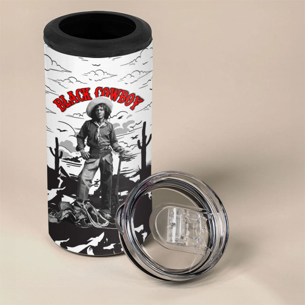 Black Cowboy Nat Love 4 in 1 Can Cooler Tumbler Comic Style Desert Line Art Red Typography