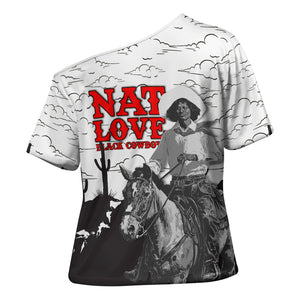 Black Cowboy Nat Love Cross Shoulder Shirt Comic Style Desert Line Art Red Typography
