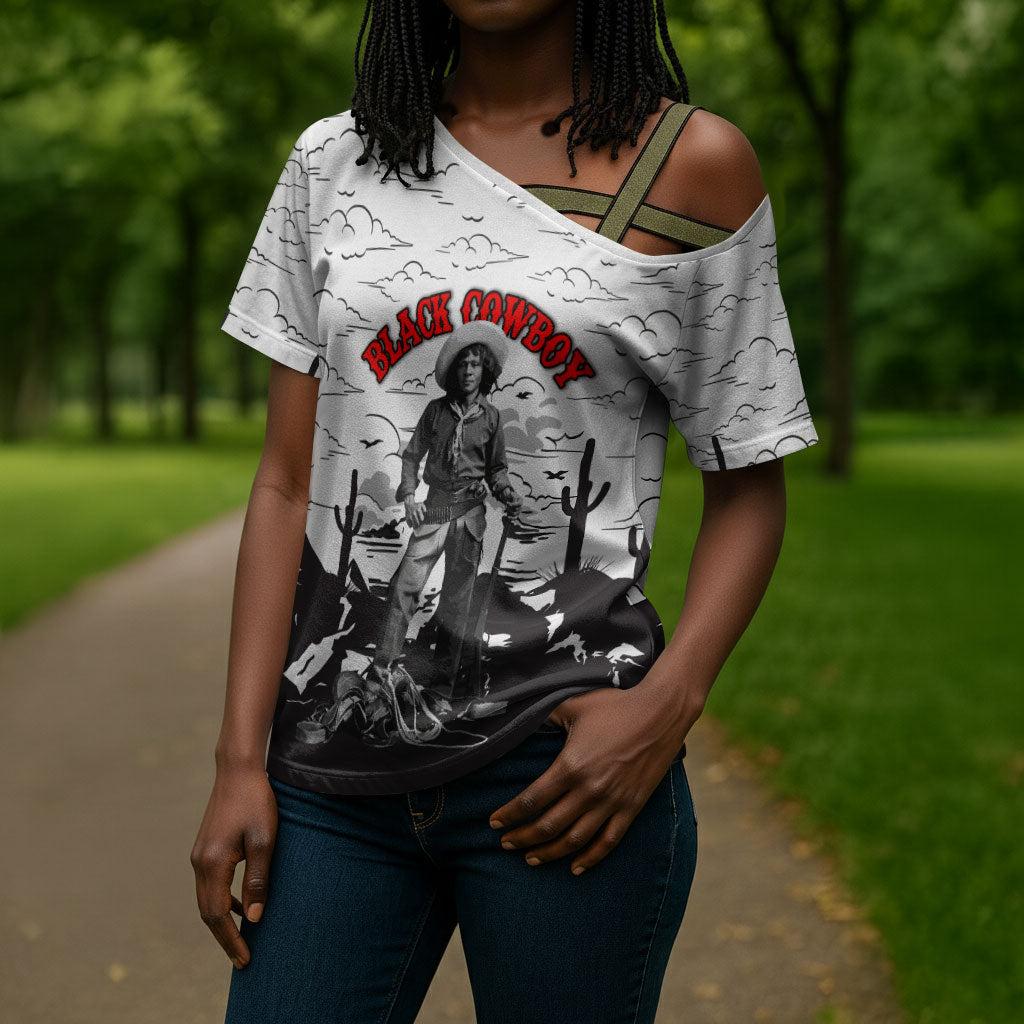 Black Cowboy Nat Love Cross Shoulder Shirt Comic Style Desert Line Art Red Typography