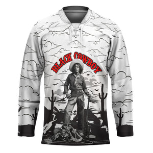 Black Cowboy Nat Love Hockey Jersey Comic Style Desert Line Art Red Typography