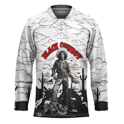 Black Cowboy Nat Love Hockey Jersey Comic Style Desert Line Art Red Typography