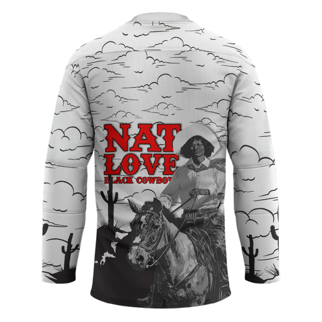 Black Cowboy Nat Love Hockey Jersey Comic Style Desert Line Art Red Typography