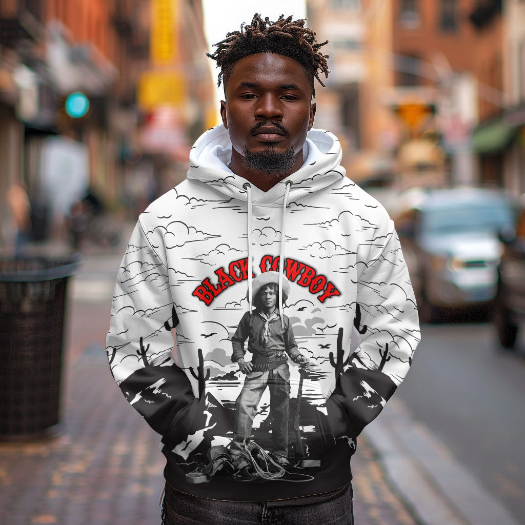 Black Cowboy Nat Love Hoodie Comic Style Desert Line Art Red Typography