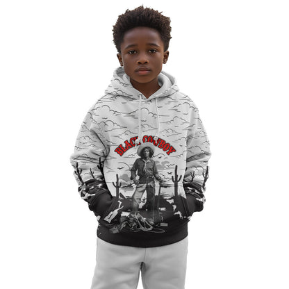 Black Cowboy Nat Love Kid Hoodie Comic Style Desert Line Art Red Typography