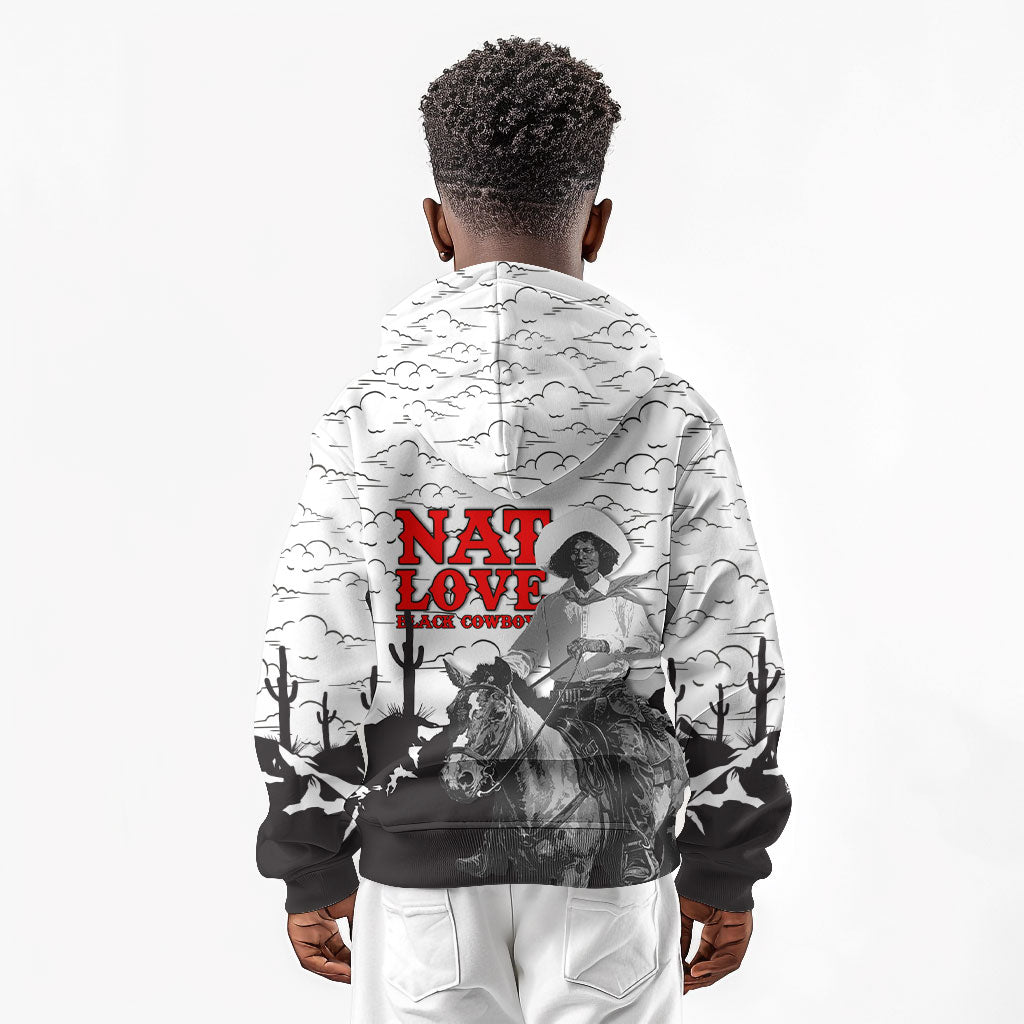 Black Cowboy Nat Love Kid Hoodie Comic Style Desert Line Art Red Typography