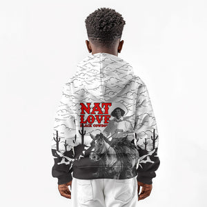 Black Cowboy Nat Love Kid Hoodie Comic Style Desert Line Art Red Typography
