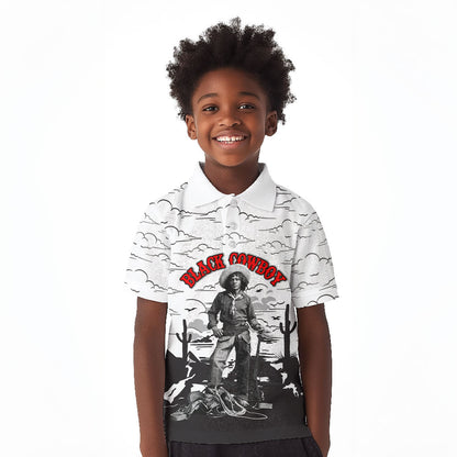Black Cowboy Nat Love Kid Polo Shirt Comic Style Desert Line Art Red Typography