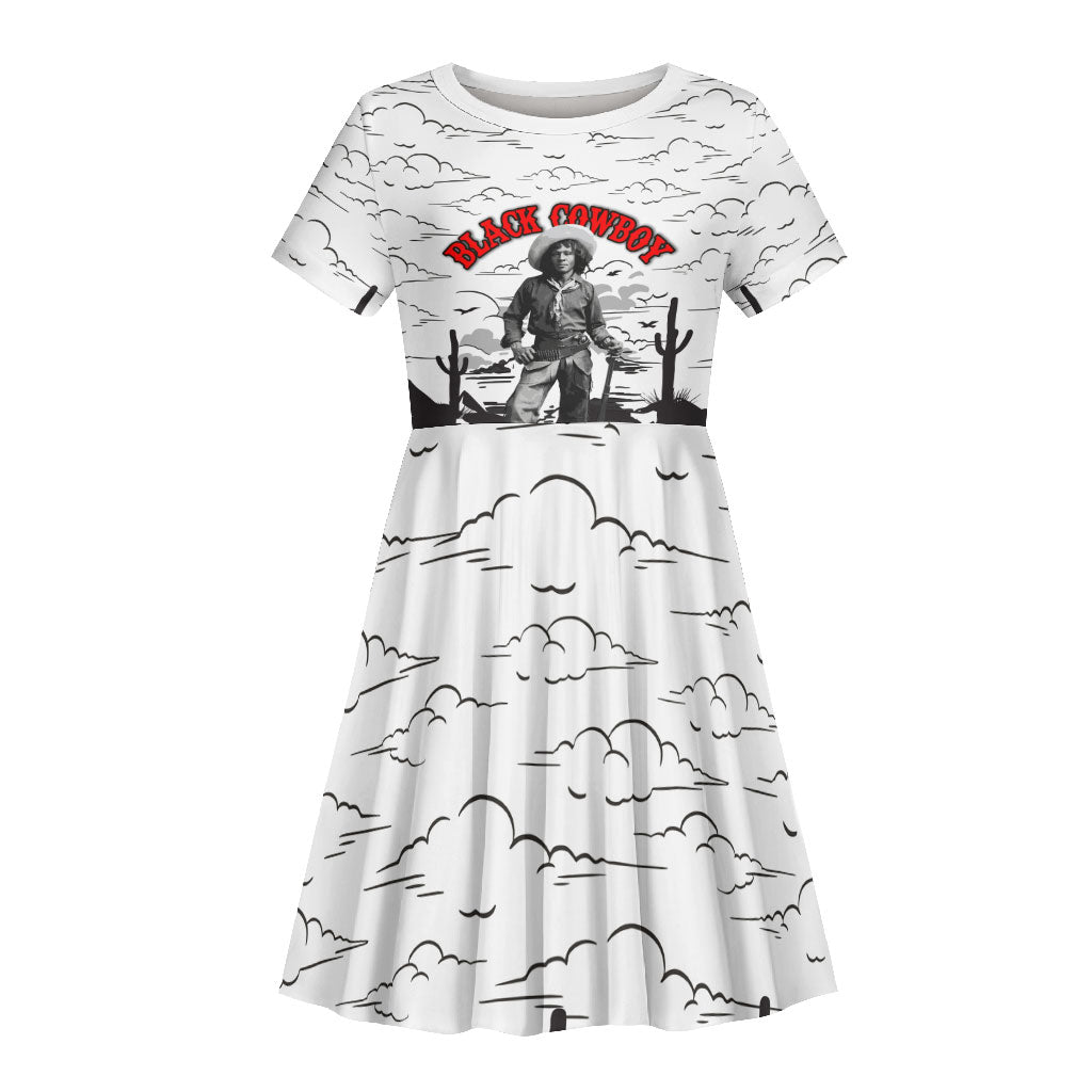Black Cowboy Nat Love Kid Short Sleeve Dress Comic Style Desert Line Art Red Typography