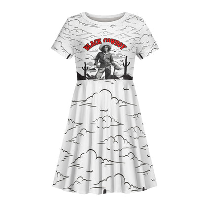 Black Cowboy Nat Love Kid Short Sleeve Dress Comic Style Desert Line Art Red Typography